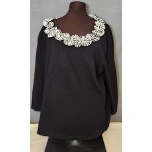 Peter Nygard Black Zebra Print Ribbon Ruffle‎ Trim Sweater Plus Size 1X